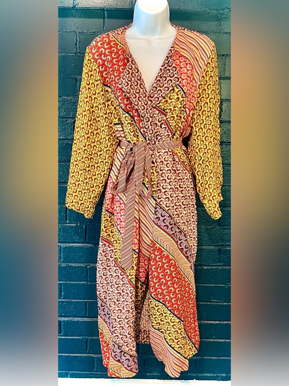 Multi-Pattern Wrap Robe in Yellow & Red